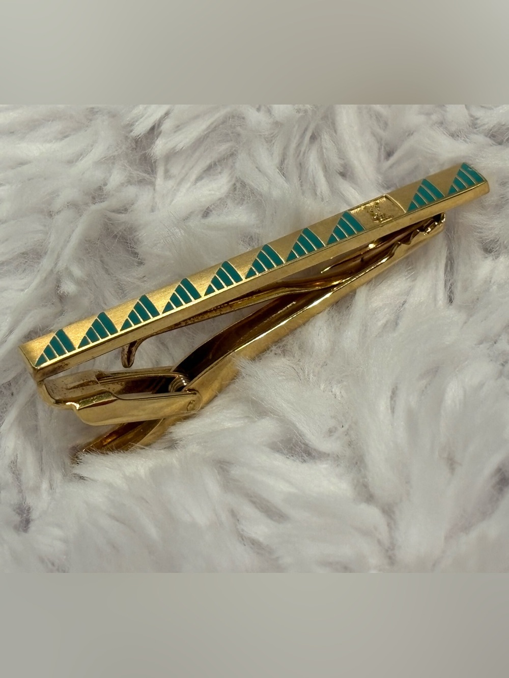 YSL Gold Tie Clip with Teal Accent